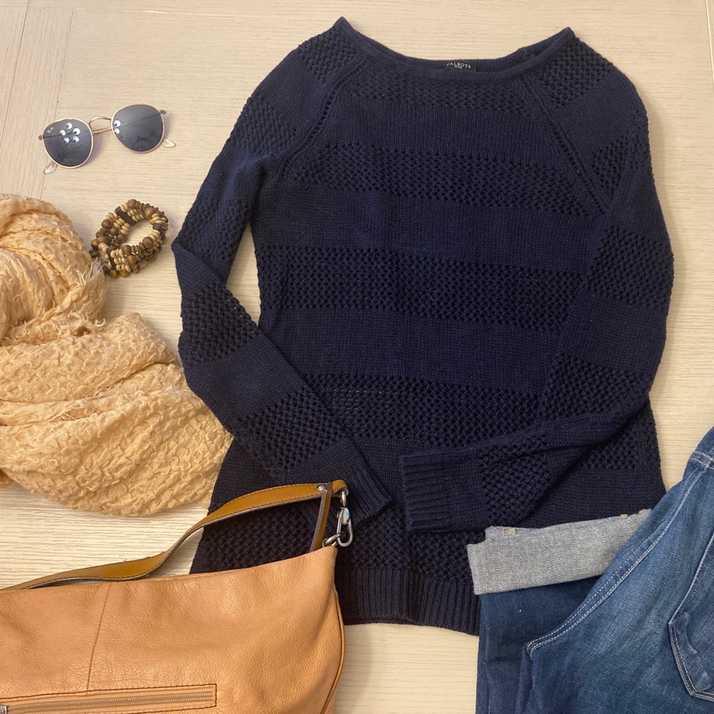 Talbots navy cotton sweater with horizontal weave design size petite